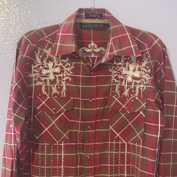 Lamasini Western Red Plaid snap Sequined Cross Embroidered Button Down Shirt - Picture 2 of 9